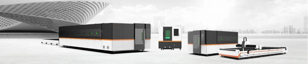 High-power fiber laser cutting machines for industrial metal cutting – CNC models with enclosed and open bed designs displayed in a modern facility.